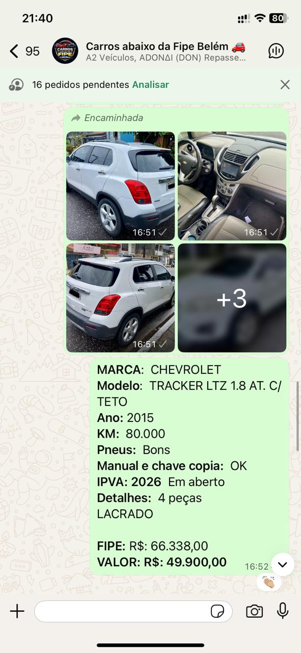 Print do grupo gratuito mostrando o mesmo veículo sem o desconto exclusivo